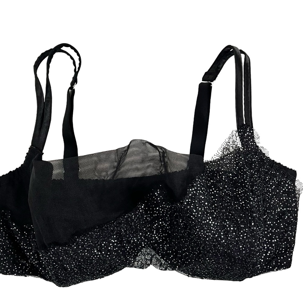 Cacique Asymmetrical Lace Hidden Wire French Balconette Black Sparkle size 40DDD